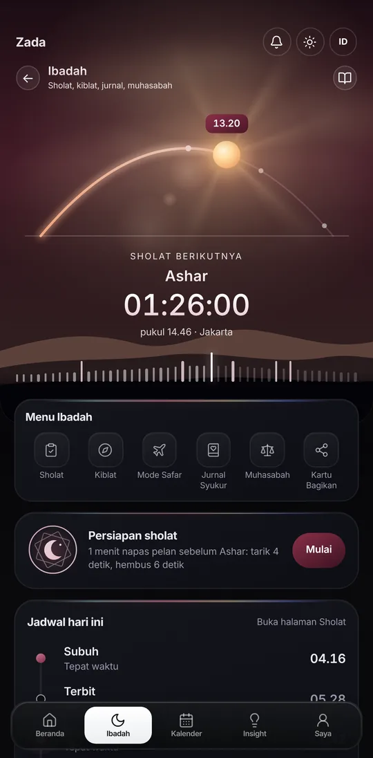 Halaman Ibadah di aplikasi Zada: busur matahari, hitung mundur menuju sholat Ashar, dan menu ibadah