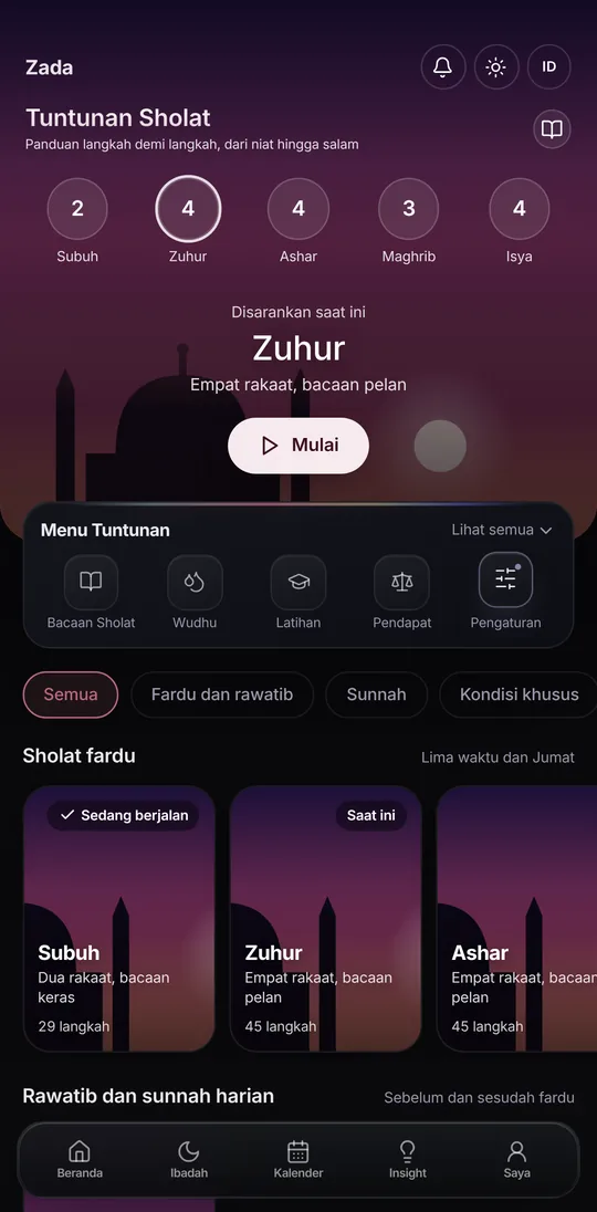 Tuntunan Sholat Zada: panduan langkah demi langkah dan kartu sholat fardu