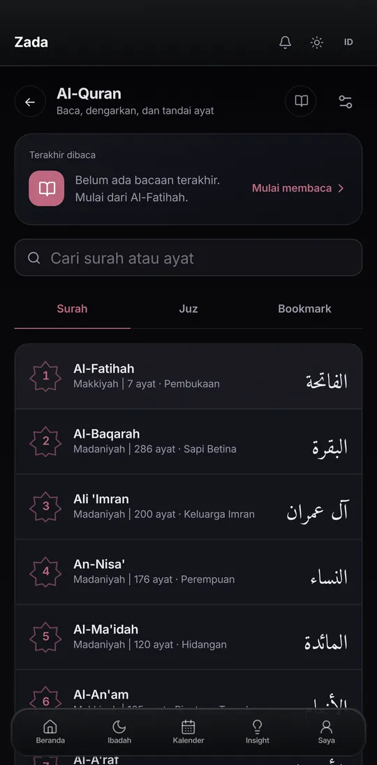 Menu Al-Quran di Zada: daftar surah, juz, dan penanda