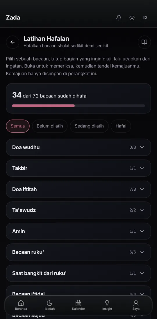 Latihan Hafalan Zada: 34 dari 72 bacaan sholat sudah dihafal