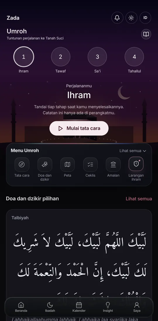 Menu Umroh Zada: empat tahap perjalanan, menu tata cara, doa, peta, ceklis, amalan, dan larangan ihram