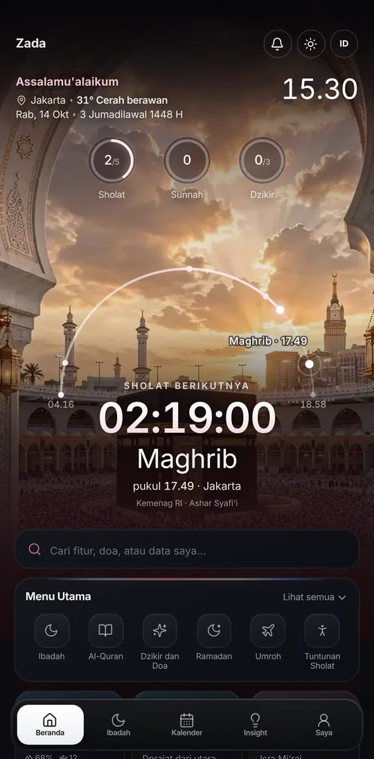Beranda Zada: sholat berikutnya, cuaca, dan menu utama