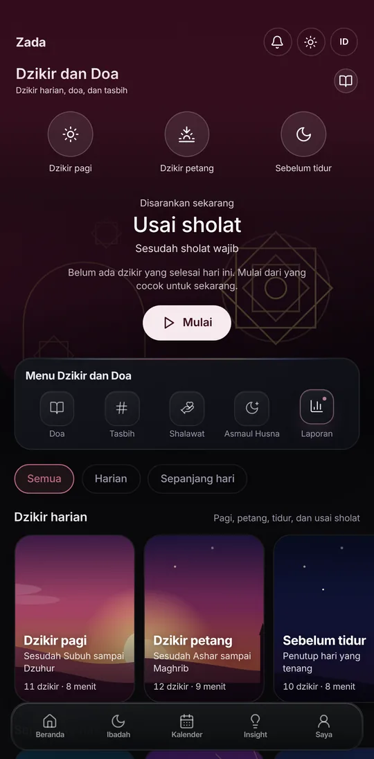 Dzikir dan Doa di Zada: dzikir pagi, petang, dan sebelum tidur